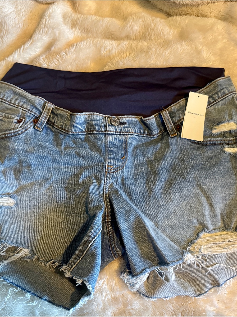 Maternity Abercrombie & Fitch Light Blue Denim Mom Shorts with Navy Panel